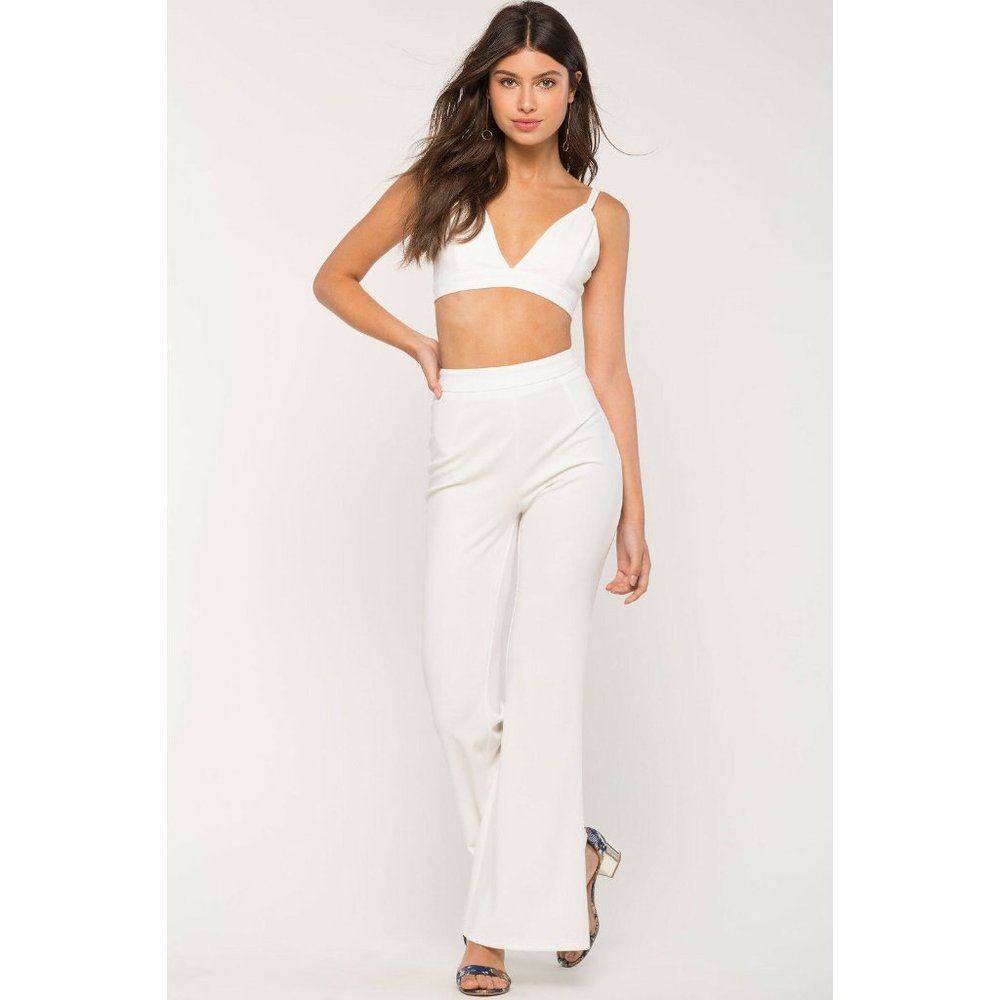 2 Pc Outfit V Neck Crop Top Flared Pant Set M